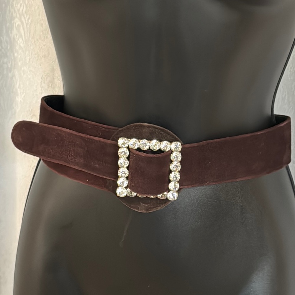 Elegant Vintage  Brown Faux Suede Belt with Rhinestone Buckle Sz: 26”